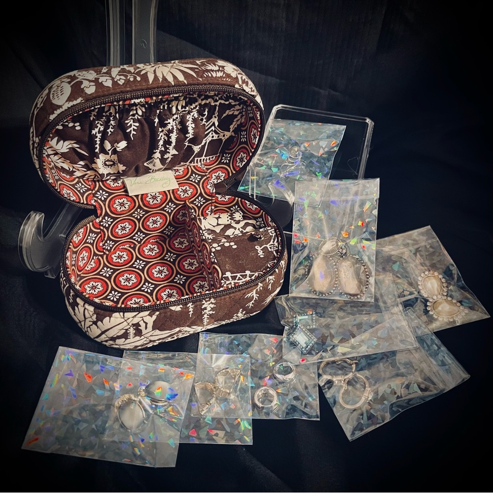 Vera Bradley Travel Accessory Case BUNDLE with 8 sets of Silver Toned Earrings